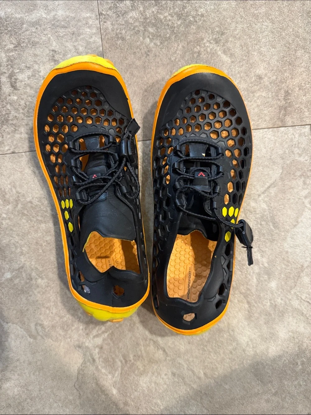 Vivobarefoot Black and Orange Water Shoes with Honeycomb Upper Size 6